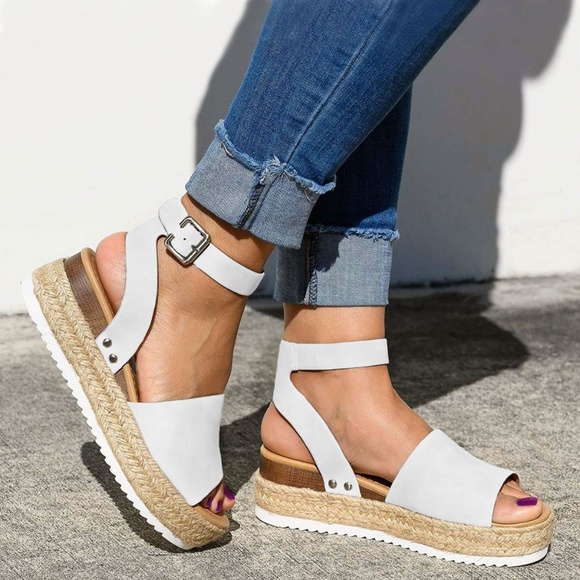 New🔥 White Espadrille Raffia Sandals Open Toe Ankle Strap Wedge Platform Heel - Picture 2 of 5
